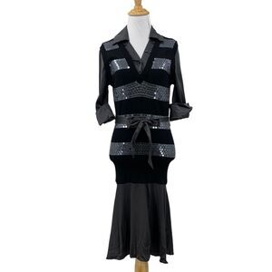 Bebe Sequin Sweater Dress Womens M Medium Faux Layered Tap Sleeve Waist Tie Midi